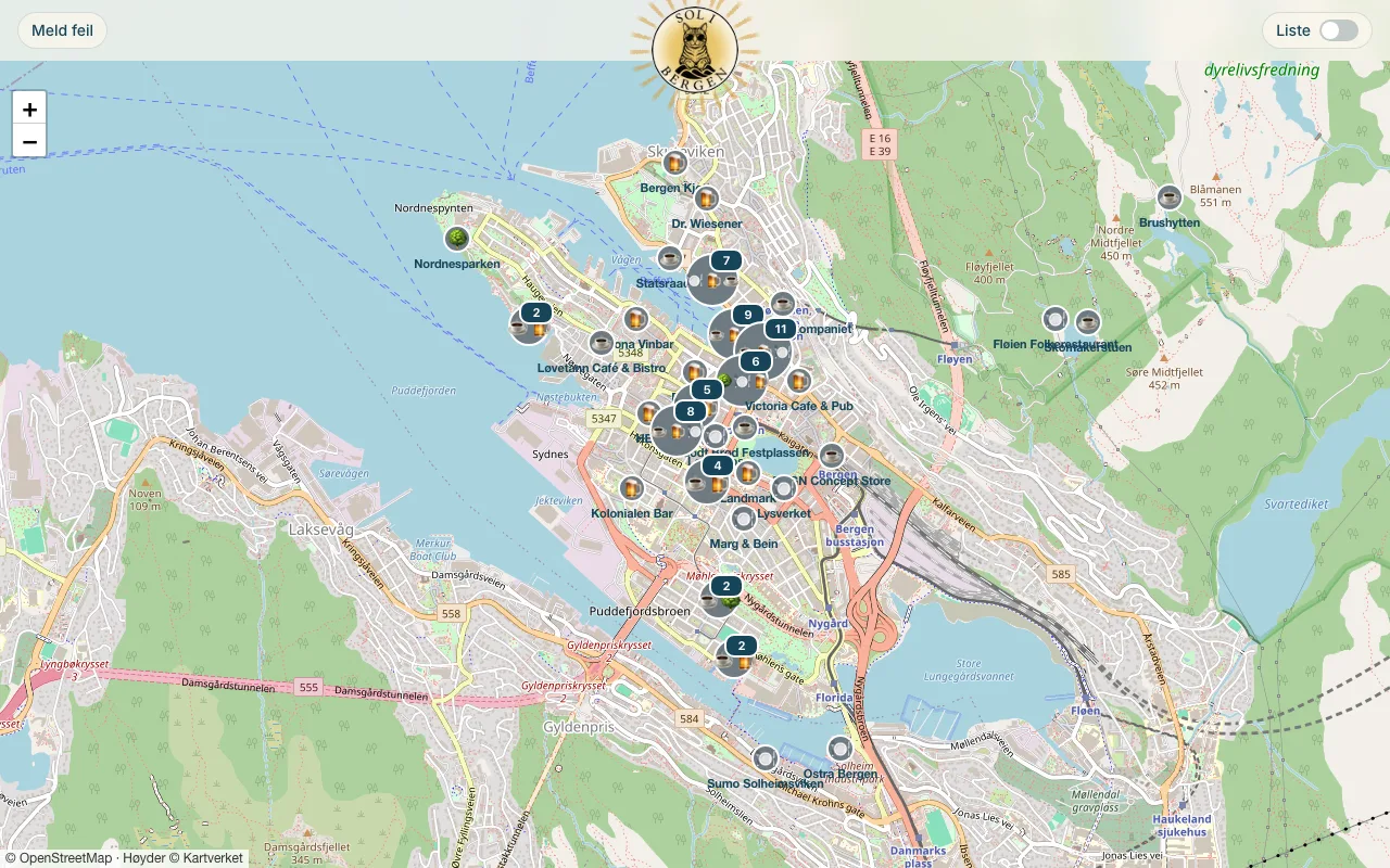 Kart over Bergen sentrum med uteserveringer markert